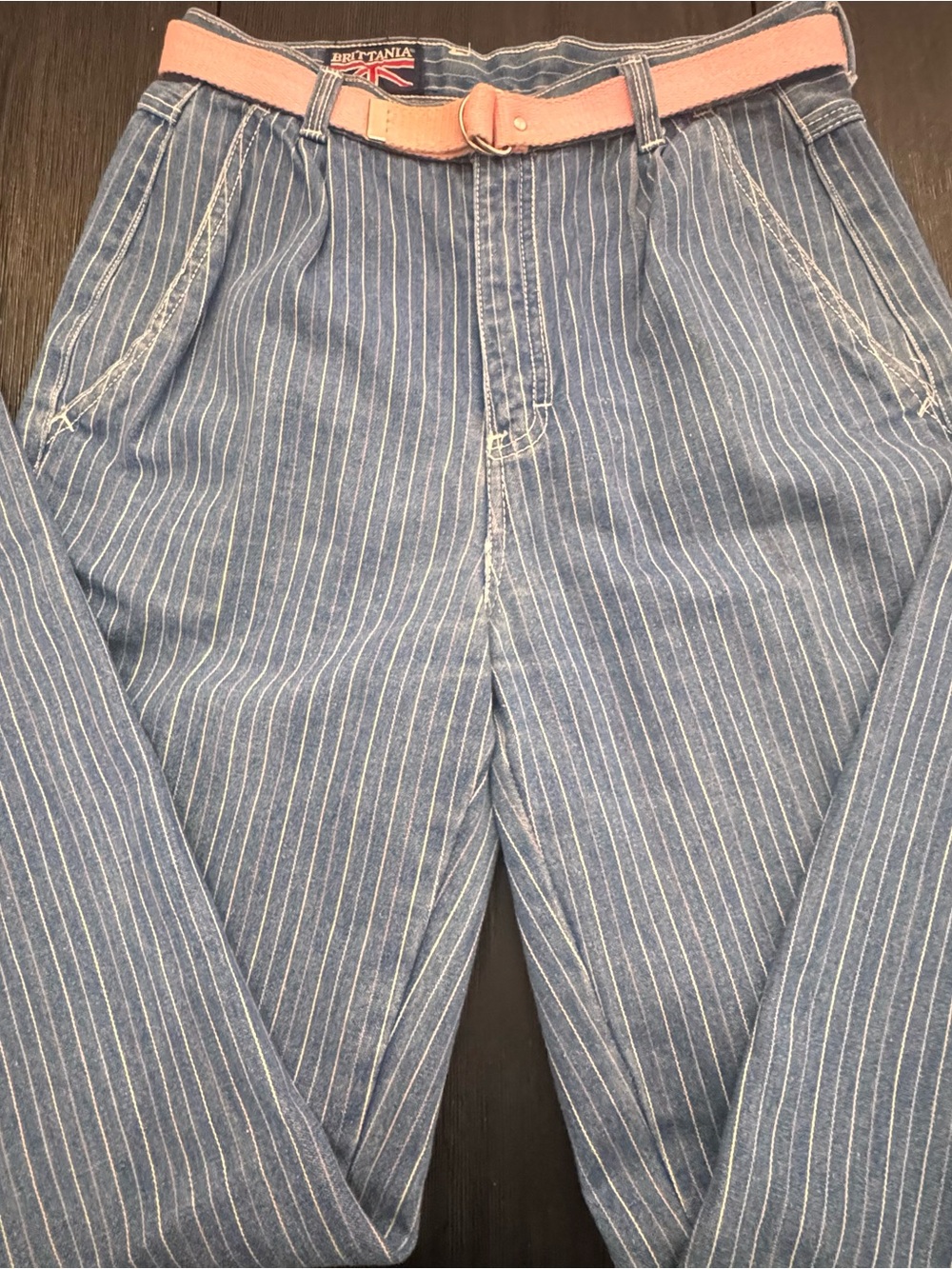 Vtg 80s Brittania Pinstripe Rigid Indigo Denim Jeans High Waist Made in USA 1984